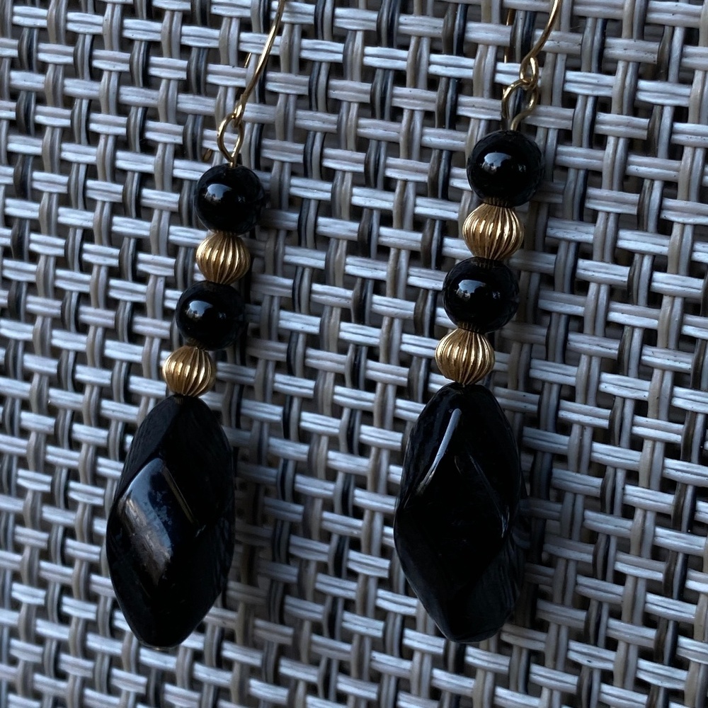Black Onyx Gold Dangling Earrings
